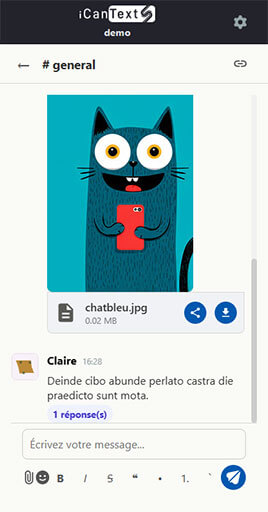 Kênh #general của iCanText: một hình ảnh được đăng, một tệp được chia sẻ và một câu trả lời trong luồng