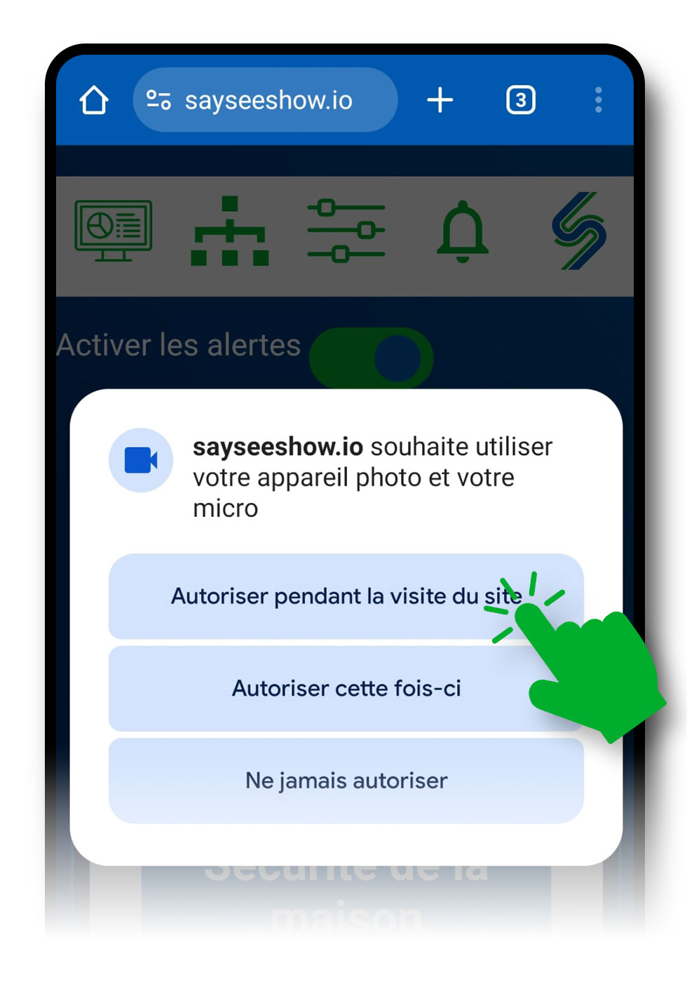Màn hình cài đặt ứng dụng sayseeshow.io trên điện thoại thông minh cũ